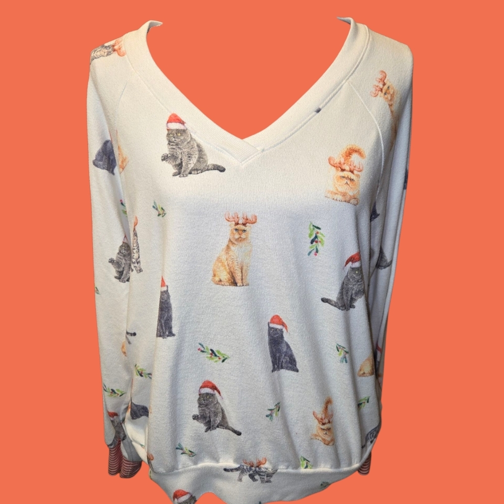 PJ Salvage Pajama Top US Womens L White Christmas Persian Cats Pullover - Picture 1 of 4